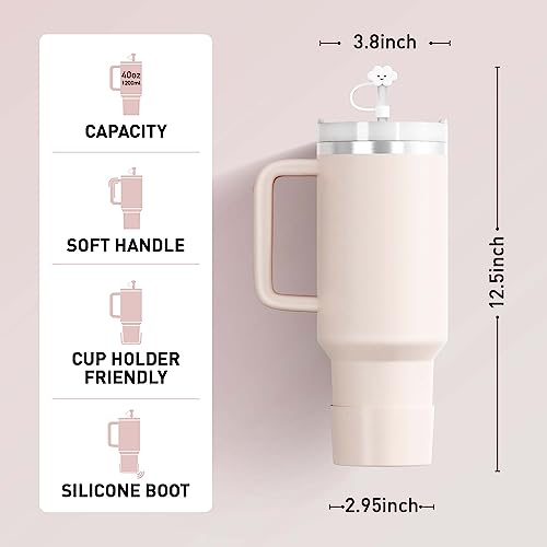Kisskind Tumbler With Handle 40 Oz Travel Mug Straw Covers Cup With Lid Insulated Quencher Stainless Steel Water Iced Tea Coffee Gift Cream #TOP1