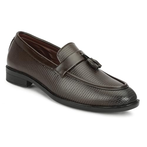 Image of NARKI Men's Black Textured Leather Tassel Loafers - Stylish Slip-On Formal Shoes for Office