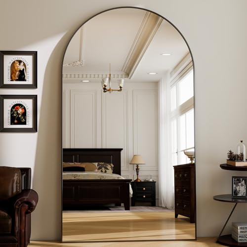 GLSLAND 72" x 44" Arched Full Length Mirror - Oversized Aluminum Alloy Frame Full Body Floor Mirrors with Stand Wall Mounted for Bedroom/Living Room, Black