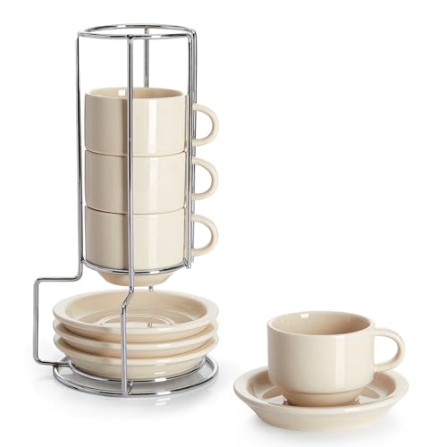 Image of Sweese Porcelain Espresso Cups Set, 2.5 oz, Stackable with Saucers Metal Stand, Beige, 4 Pack