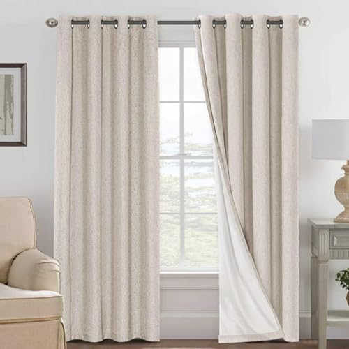 Image of H.VERSAILTEX Linen Curtains 100% Blackout Curtains for Bedroom 102 inch Long Full Light Blocking Nature Linen Blended Window Curtains for Living Room Nickel Grommet (2 Panels, Natural)