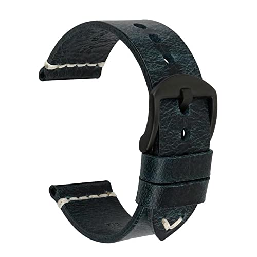 Bracelet de montre vintage SKM bleu noir en cuir de vache véritable taille 24 mm
