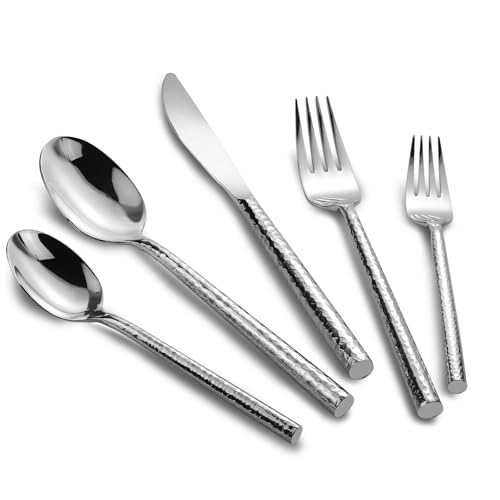 Kelenfer 18/10 Stainless Steel Flatware Set Hand Forged Silverware Set Cutlery Set Round Hammered