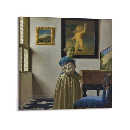 Impression sur toile Johannes Vermeer Lady Standing at A Virginal tableau salon 30x30 cm