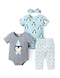 PATPAT Unisex Baby Boy Girl Outfit Penguin Print Romper Pants Set Short Sleeve Summer Clothes 4 Piece with Headband Blue Penguin 3-6 Months