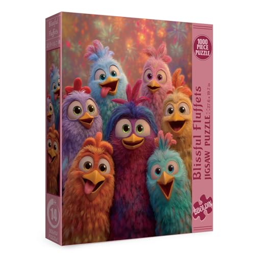 Funny Chicken Puzzles for Adult 1000 Piece, Colorful Fireworks Rooster Jigsaw Puzzle, Cute Animal Night Art Puzzle