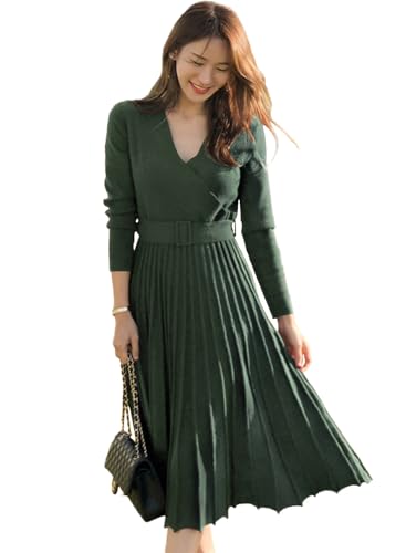 [Ｓｕｅｅｙａ] スイーヤ ワンピース ニット レディース ロング リブプリーツ ベルト付き Ｖネック 無地 長袖 体型カバー 着痩せ 伸縮性良い オシャレ エレガント 通勤 女子会 普段着 秋 冬のサムネイル