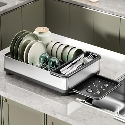 Dish Drying Rack, 304 Stainless Steel Dish Racks for Kitchen Counter, Compact Sink Dish Drainers with Drainboard & Utensil Holder, Space Saving Kitchen Organizer, Black