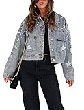 Esmeling Womens Cropped Pearls Beading Jean Jacket Ripped Star Embroidered Denim Jacket Coat (0594-Blue-XL)