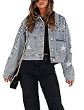 Esmeling Womens Cropped Pearls Beading Jean Jacket Ripped Star Embroidered Denim Jacket Coat (0594-Blue-L)