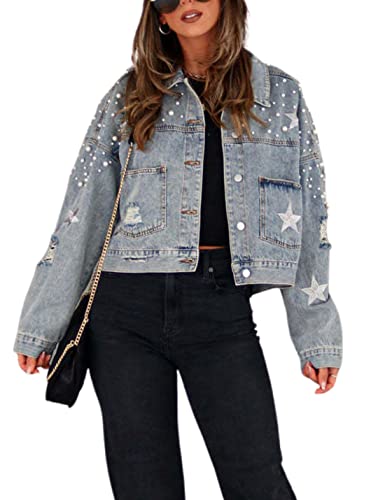 Esmeling Womens Cropped Pearls Beading Jean Jacket Ripped Star Embroidered Denim Jacket Coat
