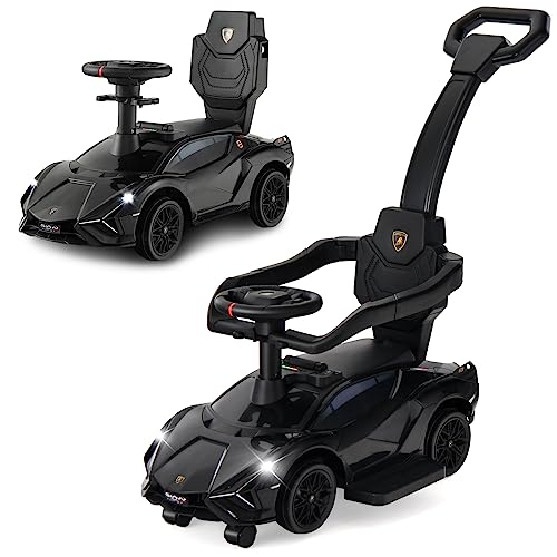 OLAKIDS 3 in 1 Ride on Push Car, Licensed Lamborghini SIAN Baby Sliding with Parent Control Handle Universal Wheels Guardrails, Toddlers Walking Toy with Music, Under Seat Storage (Dark)
