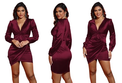 Image of FairyLove Women's Elegant Empire Waist Long Sleeve Wedding Guest Party Cocktail Bodycon Irregular Satin Dresses