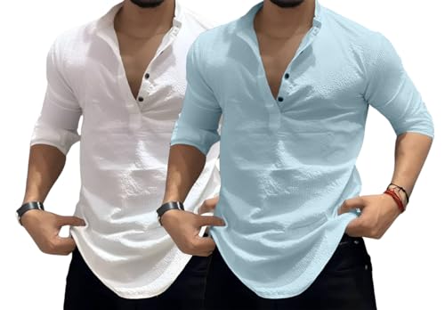 Image of MiraMichi Men's Cotton Blend Kurta | Kurta for Men Stylish Casual Short Kurta | Half Kurta Shirt Daily Use for Summer Season | Mandarin Collar Cotton Kurta's for Man Comfort