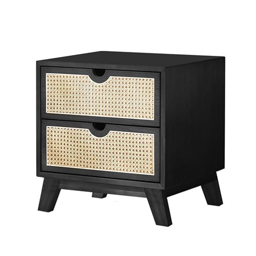 KCCRHIN Mesita De Noche Bohemia De Ratán con 2 Cajones, Velador Rústica De Madera Maciza, Mesita Auxiliar, Cómoda De Noche, Pequeño Mueble De Almacenamiento para Salón O Dormitorio,Negro,A