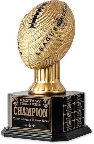 TrophySmack Perpetual Fantasy Football Trophy - Customizable Championship Trophy Award Winner | Free Engraving up to 16 Years Past Winners, 15 Inch Tall, Gold, Instant Ship