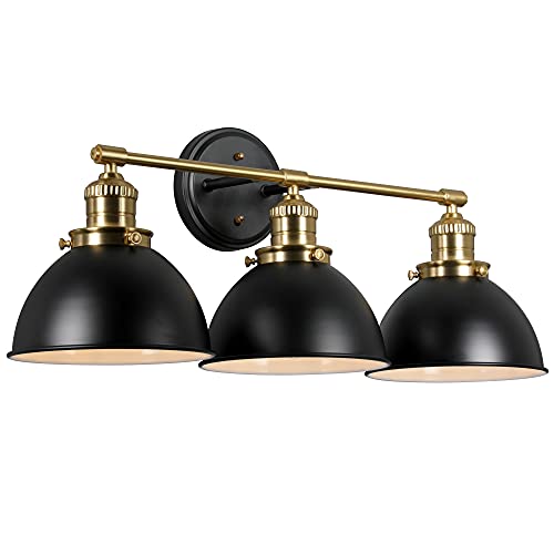 Image of Design House Savannah Rustic Farmhouse 3-Light Bathroom Vanity Light, Dimmable, Satin Gold, Matte Black Metal Shade, 26 in x 9 in x 10.88 in, 588301-BGD