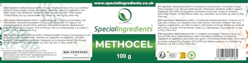 METHOCEL (Methylcellulose) 100g HERSTELLUNG WARMER GELE, DIE IM MUND SCHMELZEN (DEUTSCHE ETIKETTEN UND ANLEITUNGEN)