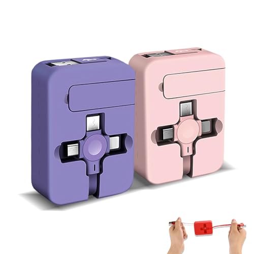 Seamost - 2 Pcs 3 in 1 Retractable Charging Cable Roll, Data Transfer, Phone Holder, Compatible USB C(Type-C)/Micro USB, Compatible with iPhone 17/16/15/14/13/12/11, Android, Tablets(Purple+Pink)