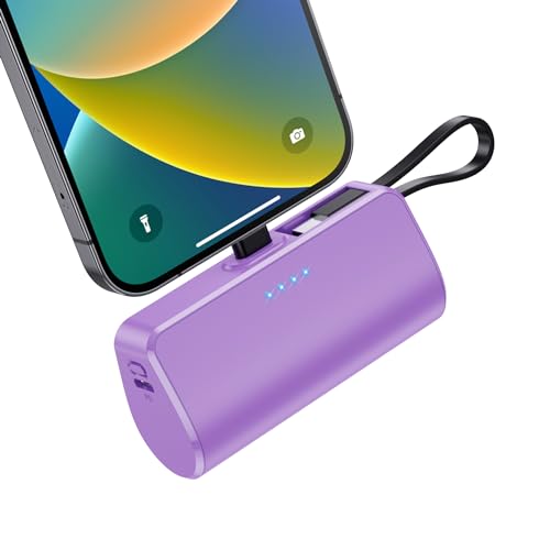 Mini Portable Charger Power Bank for iPhone,[2024 Upgraded] 5200mAh PD Battery Pack Built-in USB C Cable,Backup Charger Compatible with iPhone 15/14/14 Plus/14 Pro Max /13/12/11/XR/8/7/6,Android etc