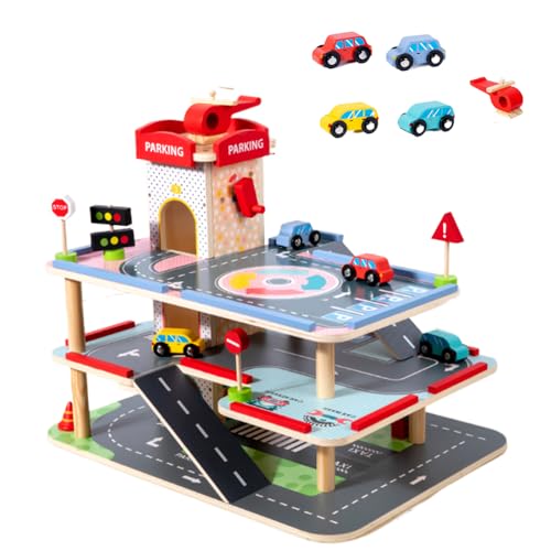 WRQIOO Aparcamiento para niños, garaje de madera, parking infantil para coches de madera, garaje para niños con 4 coches y 1 helicóptero, garaje de 3 pisos con ascensor, 3 señales de tráfico