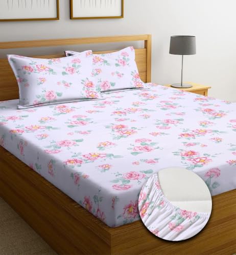 Image of NEW LEAF Premium Cotton Elastic Fitted Bedsheets with 2 King Size Pillow Covers | Double Bed with All Around Elastic 180 TC Supersoft | Size - 72 King Sizex78+10 inches | Blush Pink Rose