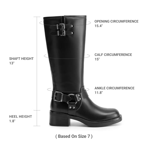 DREAM PAIRS Women's Knee High Boots Side Zipper Motorcycle Boots Square Toe Chunky Low Heel Fashion Buckles Biker Riding Boots,Size 8,Black-Pu,SDKB2412W