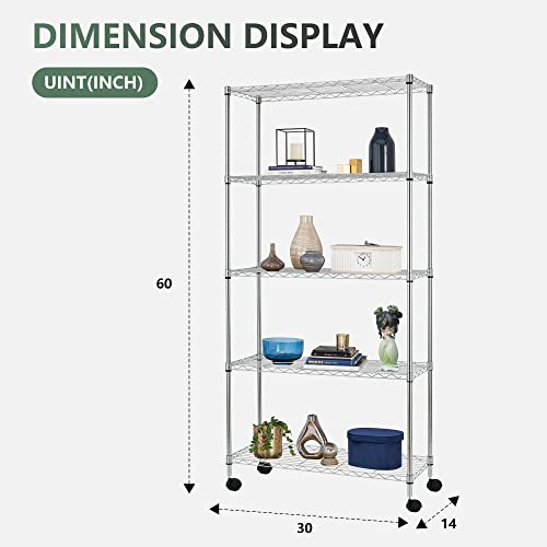Image of BestOffice | 5-Tier Wire Storage Shelves with Wheels | 14x30x60 | Chrome | Adjustable Racks | Heavy-Duty Metal Shelf, Holds Upto 220 lbs | No-Tool Assembly | Ideal for Home & Garage Shelving