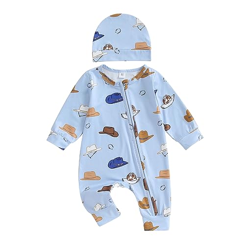 Image of Lamuusaa Western Baby Girl Boy Clothes Long Sleeve Cow Print Romper Zipper Bodysuit Jumpsuit One Piece Fall Winter Outfit (Blue, 0-3 Months)
