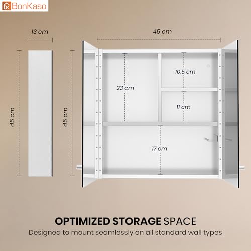Image of BonKaso Premium SS 304 Bathroom Mirror Cabinet | Wall-Mounted Stainless Steel Storage Cabinet with Frameless Mirror (18x18 Inch, Chrome Finish)