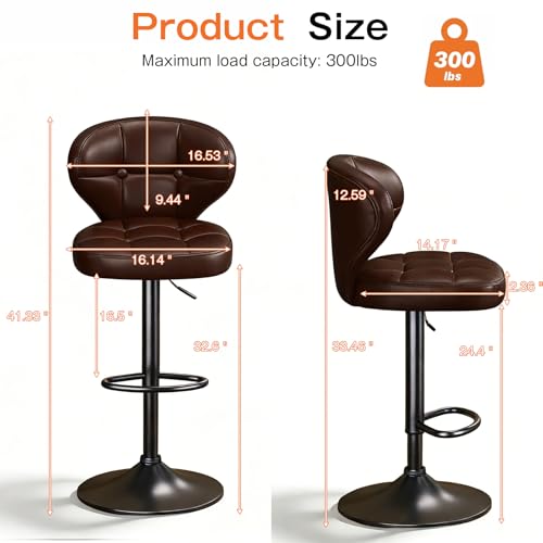 Image of Modern Bar Stools Set of 2, Adjustable Swivel Upholstered Full-Back Counter Height Bar Chairs for Kitchen Island, Dining Room, Bar Brown