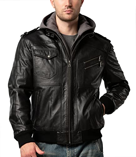 Image of FLAVOR Men Brown Leather Motorcycle Jacket with Removable Hood | Genuine Leather, Removable Hood, Windproof, Multi Pockets, Fall Winter Coats, Riding and Daily Wear, Moto Biker Jacket Men