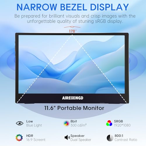 Image of Portable Monitor 11.6'' 1080P FHD Weighs 450g, Portable Monitor for Laptop with Built-in Stand, Compatible with Type-C /Mini HDMI, Suitable for Laptop, PC, Mac,Phone, Xbox. Travel Monitor.
