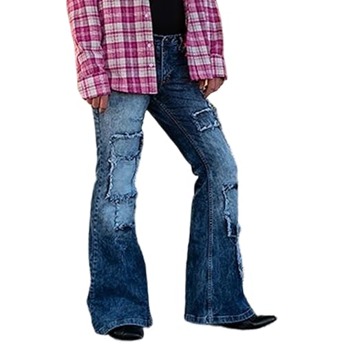Jean évasé vintage années 70 pour homme en denim bleu patchwork rétro