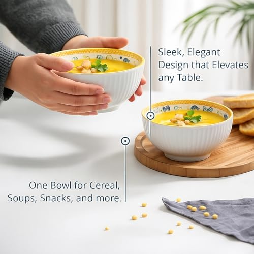 Image of YELONA Ceramic Snack Bowls - Set of 2 (300 ml Each) - Microwave Safe Side Bowls for Serving Noodles, Soups | Rice, Dal, Fruits | Perfect for Christmas, New Year Gift & Daily Use (Flora)