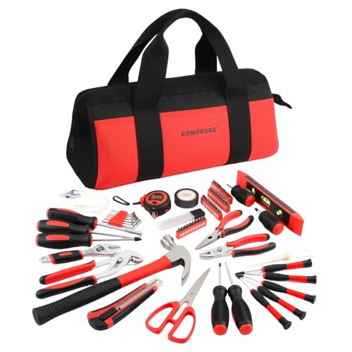 COMOWARE 218 Pcs Home Tool Kit - Basic Household Hand Tool Set, Truck Tool Kit Socket Wrench Combination Tool Set for Home with Plastic Toolbox Storage Case, Rv tool set，Red