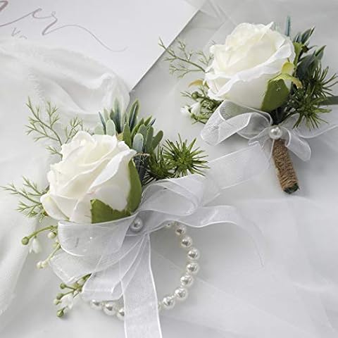 Floroom Ivory Rose Wrist Corsage Wristlet Band Bracelet and Men Boutonniere Set for White Wedding Flower Accessories Prom Suit Decorations Cover
