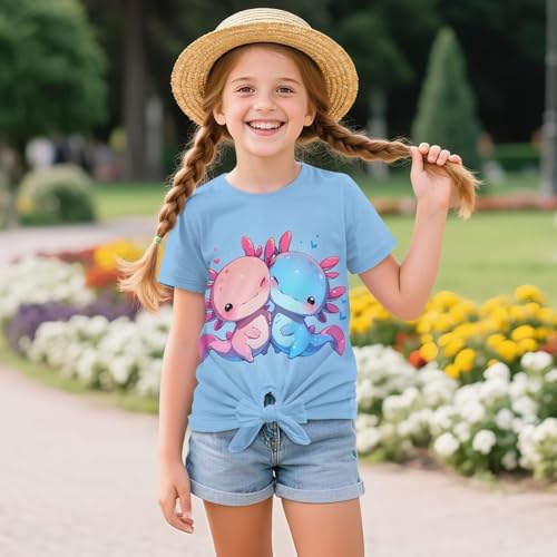 WELLFLYHOM Summer T Shirt for Girls 5-12 Short Sleeve Tee Top Front Knot Blouse Graphic Kids Teens Tunic Top4