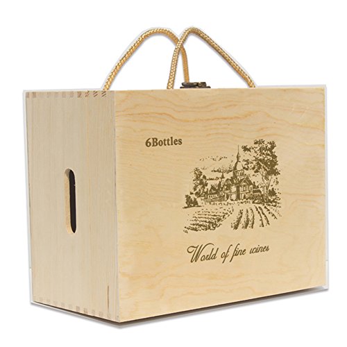 LANGUGU Vineyard Design Natural Pine Wood Wine Champagne Bottle HolderTravel Storage Box Carrying Display Crate Case Creative Wedding Wine Gift Case (Six Bottles B)