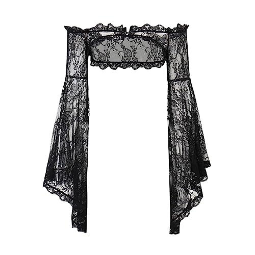 Image of Goth Lace Sheer Bolero Shrugs For Evening Dresses Gothic Floral Bell Sleeve Renaissance Bolero Cardigans Crop Top
