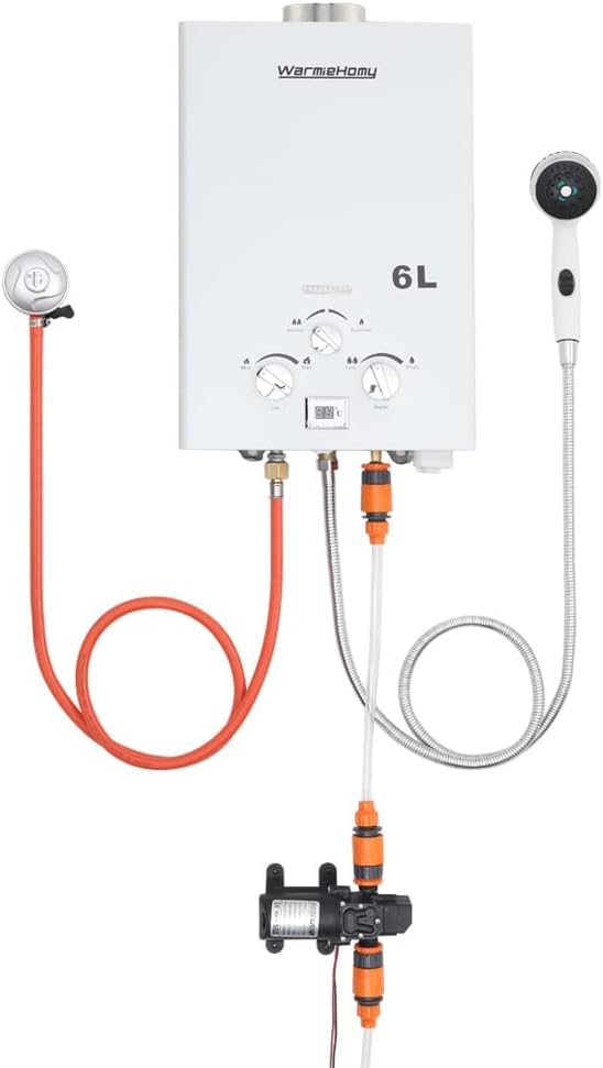 Warmiehomy 6L Portable Gas Water Heater Outdoor Camping Shower with Water Pump 12V Propane Tankless Water Heater, for Outdoor Camping Shower RV Trip Horse Washing