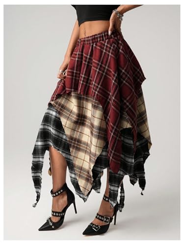 OYOANGLE Women's Plaid Asymmetrical Skirts Y2K Color Block Low Waist Layered Ruffle Long Skirt Concert Outfits4