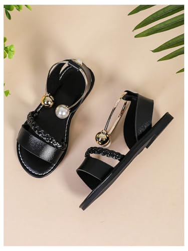 OYOANGLE Girl's Pearl Decor Open Toe Flat Sandals Braided Ankle Strap Outdoor Beach Sandals2