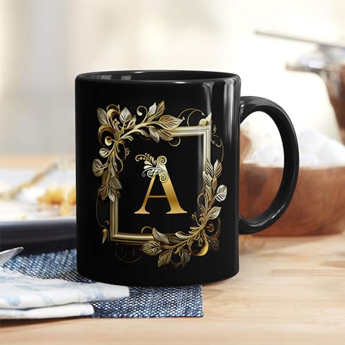 Image of Golden Floral Alphabet Letter A Printed Coffee Mug Gift for Girl, boy,Wife,Husband,Girlfriend Boyfriend,Kids,Brother,Sister,Love and Valentines Day - 1pcs, Black, 330ml (AL-A)
