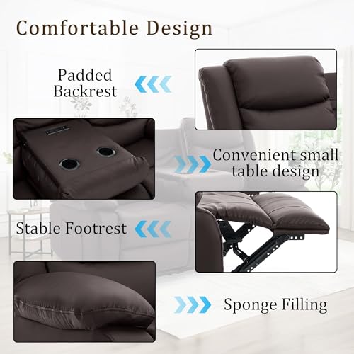 Korser Recliner Sofa, Reclining Loveseat with Console, Oversized Reclining Couch with Drop Down Table, 3-Seater Sofa with Cup Holder and Recessed Power Strip, Brown - image 5