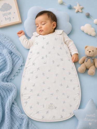 Image of TuddyBuddy Baby Cotton Wearable Quilted Sleeping Bag Blanket 1.5 Tog with 1 Way Zipper Closure | Ideal for Babies & Kids Hypoallergenic Fabrics | (Grey Birds AOP - White, 2-3 Years)