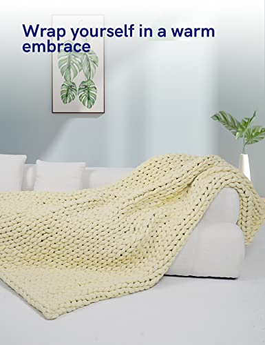 YnM Chenille Weighted Blanket, Handmade Chunky Knitted Design, Soft and Cozy, Temperature Regulating and Breathable, Machine Washable Throw for Sleep or Home Decor (Sparkling White, 60x80 Inch, 15lbs)
