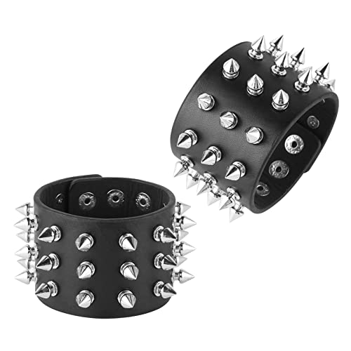 HZMAN Unisex Black Metal Spike Studded Punk Rock Biker Wide Strap Leather Bracelet