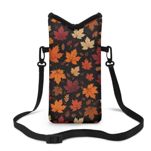 Image of Neoprene Phone Pouch Shockproof Crossbody Phone Purse Mini Bag with Detachable Adjustable Strap Travel Essentials Hands Free, Autumn Fall Maple Leaf Black