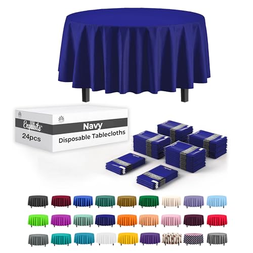 Image of Party Solids Navy Round Plastic Tablecloth - 84 Inch, Pack Of 24